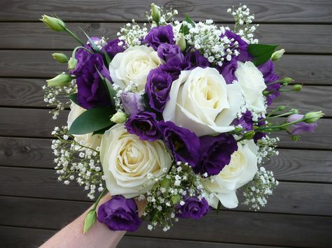 Large white rose, purple lisianthus, gypsophila and ruscus -maybe a little less baby's breath and a little more lisianthus Purple Lisianthus, Lavender Wedding Flowers, Wedding Flower Guide, Peach Wedding Flowers, Simple Wedding Flowers, Colour Themes, Yellow Wedding Flowers, Purple Wedding Bouquets, Modern Wedding Flowers