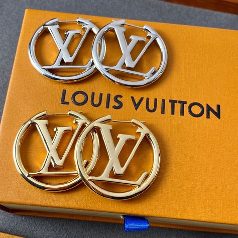 Louis Vuitton Hoop Earrings Silver and Gold Lv Hoop Earrings, Lv Jewelry, Louis Vuitton Earrings, Hoop Earrings Silver, Twilly, Silver Hoop Earrings, Earrings Silver, Luxury Jewelry, Beautiful Earrings