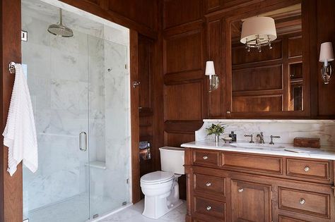 Paneled master bathroom Wood Paneled Bathroom, Wood Paneled Walls, Wood Panel Bathroom, Cherry Wood Stain, Duck Ideas, Slab Backsplash, Master Remodel, Bathroom Transitional, Stained Trim