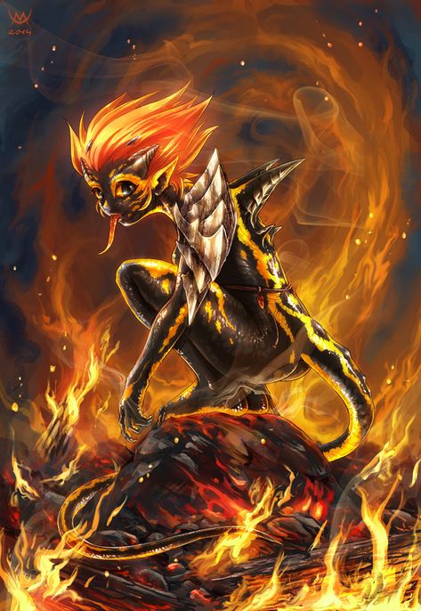 Salamander by Maxa-art on DeviantArt Monstrous Humanoid, Spirit Of Fire, Fire Salamander, Gust Of Wind, Hunter Girl, Mtg Art, Water Spirit, Werewolf Art, Wet Skin