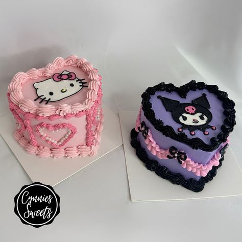 Hello Kitty Kuromi Cake, Kuromi Cakes Birthday, Purple Hello Kitty Cake, Kuromi Bento Cake, Kuromi Heart Cake, Kuromi Bday Party, Kuromi Cake Ideas, Pastel De Kuromi, Kuromi Birthday Cake