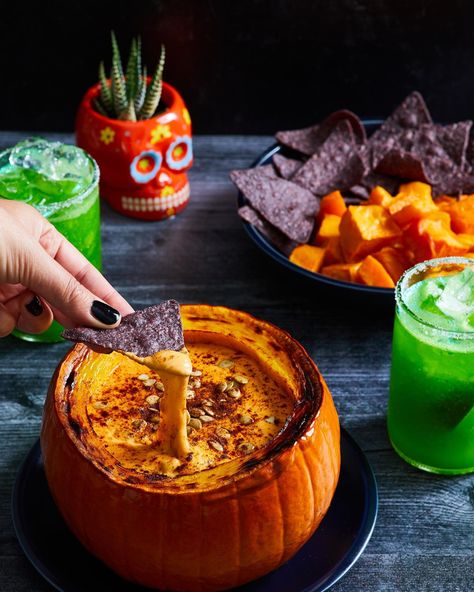 SPICEY PUMPKIN QUESO Pumpkin Queso Fundido, Spooky Queso Dip, Pumpkin Queso Dip, Halloween Crockpot Dip, Halloween Queso Dip, Pumpkin Carving Party Food Ideas, Pumpkin Guacamole Vomit, Fancy Halloween Appetizers, Pumpkin Shaped Appetizers