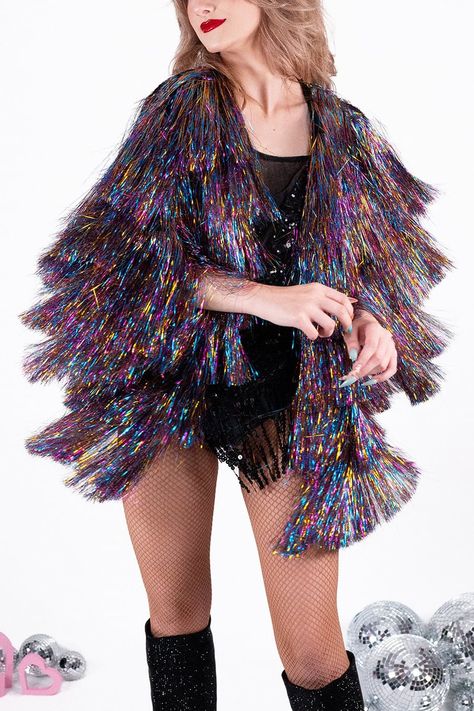 Rainbow Tinsel Fringe Patchwork Short Sleeve Jacket Rainbow Festival, Tassel Jacket, Im Fabulous, Style Festival, Birthday Fits, Patchwork Shorts, Tour Outfits, Short Sleeve Jacket, Dance With You