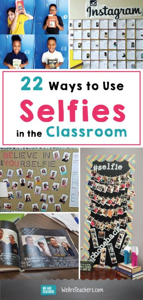 Classroom Selfies - Ideas and Lessons for Teacher and Student Selfies Selfie Bulletin Board Ideas, Selfie Bulletin Board, Teaching Decor, Book Selfie, Tech Classroom, Technology Teacher, Intervention Classroom, Selfies Ideas, Class Board