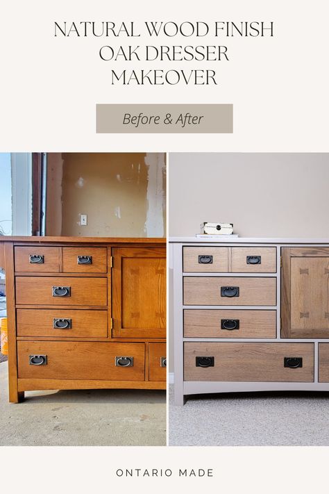 Dresser makeover in natural wood finish. Before and after furniture refinish. Furniture painting Toronto. Vintage and antique furniture Toronto, GTA, Ontario Honey Oak Dresser Makeover, Honey Oak Dresser, Oak Dresser Makeover, Oak Wood Dresser, Dresser Modern Design, Dresser Living Room, Dresser Modern, Paint Combinations, Oak Dresser