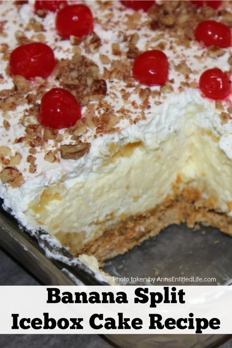 Banana Split Icebox Cake Recipe, Banana Split Cake Recipe, Banana Split Dessert Recipes, Banana Split Pie, Banana Split Cake, Split Cake, Banana Split Dessert, Icebox Cake Recipes, Cheesecake Squares