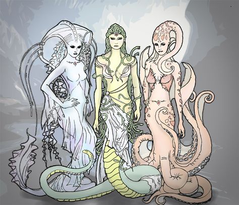 The Gorgon Sisters by hycal.deviantart.com on @deviantART Stheno Gorgon Tattoo, Euryale Gorgon, Stheno Gorgon, Medusa And Her Sisters, Stheno And Euryale, Gorgon Tattoo, Gorgon Sisters, Greek Creatures, Sea God