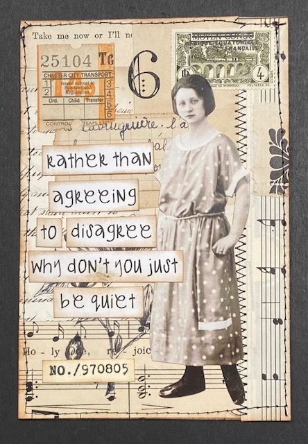 4 x 6 journal page with Tim Holtz paper dolls Tim Holtz Paper Dolls, Dolls Ideas, Art Planner, Media Journal, Agree To Disagree, Altered Book Art, Mixed Media Journal, Collage Art Mixed Media, Journal Page