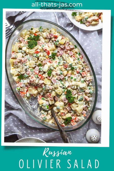 Russian Potato Salad Olivier is a creamy mix of potatoes, vegetables, and tender meat, creating a hearty, flavorful dish perfect for holiday gatherings. Salad Olivier, Russian Potato Salad, Olivier Salad, Potatoes Vegetables, Kitchen Favorites, Tender Meat, Christmas Ham, Ethnic Food, Snacks Dishes