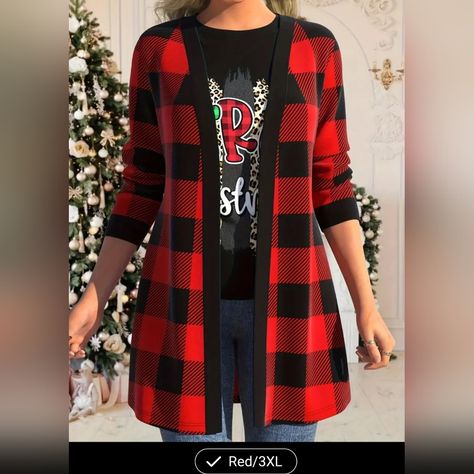 Women's New Red/Blk Buffalo Plaid Casual Pant Length Open Cardigan Plus Size- 3x , Runs Small Like 2x. Bust: 46.9-49.3" Waist: 41-43.3" Hips: 50.8-53.2" Brand New In Packaging Christmas Jacket, Plaid Cardigan, Cardigan Casual, Trendy Tops For Women, Coat Style, Plaid Outfits, Long Sleeve Outerwear, Casual Cardigans, Print Coat