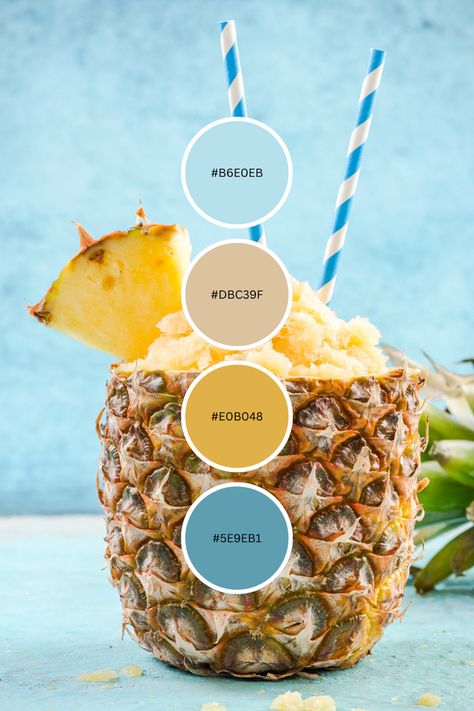 Use this pineapple color palette/color combination for inspiration on your next project #colorful #color #colorpallete Tropical Theme Color Palette, Pina Colada Color Palette, Luau Color Palette, Tropical Blue Color Palette, Pineapple Color Palette, Tropical Pallet Colour Palettes, Pineapple Bathroom, Pineapple Bedding, Hand Braided Rug