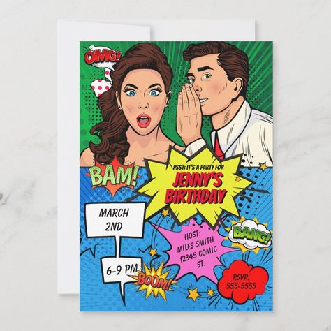 Pop Art Birthday Party, Pop Art Invitation, Art Birthday Party Invitations, Design Comics, Art Birthday Party, Art Invitation, Retro Birthday, Pop Art Comic, Art Comic