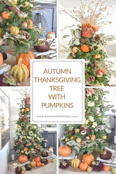 Fall Christmas tree ideas. Autumn Christmas tree ideas. Christmas tree inspirations for fall. Putting yo your Christmas tree for fall and feeling the autumn season. Fall Christmas Tree Ideas, Autumn Christmas Tree, Fall Christmas Tree, Thanksgiving Accessories, Cozy Outfit Ideas, White Pumpkin Decor, Tree Ideas Christmas, Thanksgiving Entertaining, Thanksgiving Tree