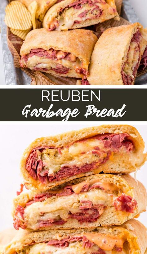 Reuben Stromboli Recipe, Trash Bread, Rueben Stromboli, Reuben Squares, Rueben Recipes, Reuben Appetizer Parties Food, Garbage Bread Recipe Ideas, Garbage Bread Recipe Pizza Dough, Reuben Loaf