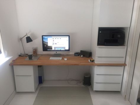 A few months ago my wife and I decided to put a new floor on the house. This is my new home office. Made from kitchen top and kitchen cabinets. Sektion Cabinets Hack Office, Bureau Hack Ikea, Ikea Office Hack, Black Office Furniture, Hackers Ikea, Cabinets Ikea, Ikea Sektion, Office Hacks, Printer Cabinet