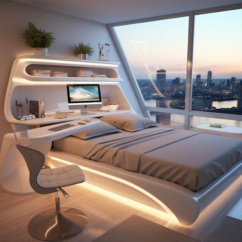 Step into a futuristic urbanity with white computer desks and beds, featuring whimsical skylines and organic contours. #FuturisticBedroom #Urbanity #StudyPlace #Seapunk #32KUHD #Cabincore Futuristic Interior Bedroom, Bedroom Futuristic, Futuristic Room Ideas, Futuristic Bedroom Design, Futuristic Bedroom Ideas, Futuristic Home Interior, Futuristic Bed, Futuristic Rooms, Futuristic Desk