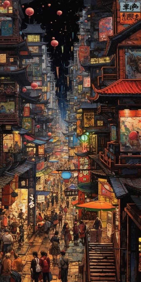 Amoled Wallpapers, Anime City, 2160x3840 Wallpaper, Seni 2d, Images Kawaii, China Town, Cyberpunk City, Japon Illustration, Pop Art Wallpaper