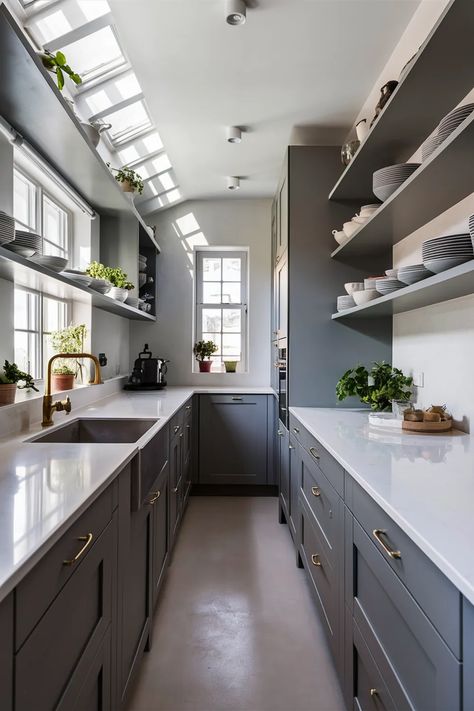 45 Creative Galley Kitchen Designs To Make The Most Of A Narrow Layout - The Ivy Kitchen Blog Black Galley Kitchen, Cozy Apartment Kitchen, Small Narrow Kitchen, Gallery Kitchen Layout, Ikea Galley Kitchen, Small Galley Kitchen Ideas Narrow, Narrow Kitchen Layout, Galley Kitchen Ideas Narrow, Ivy Kitchen