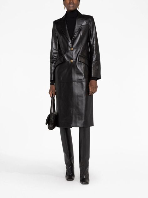 Versace Coat, Versace Leather, Leather Coat Womens, Black Trench Coat, Medusa Head, Single Breasted Coat, Leather Trench, Cuffed Jeans, Tweed Coat