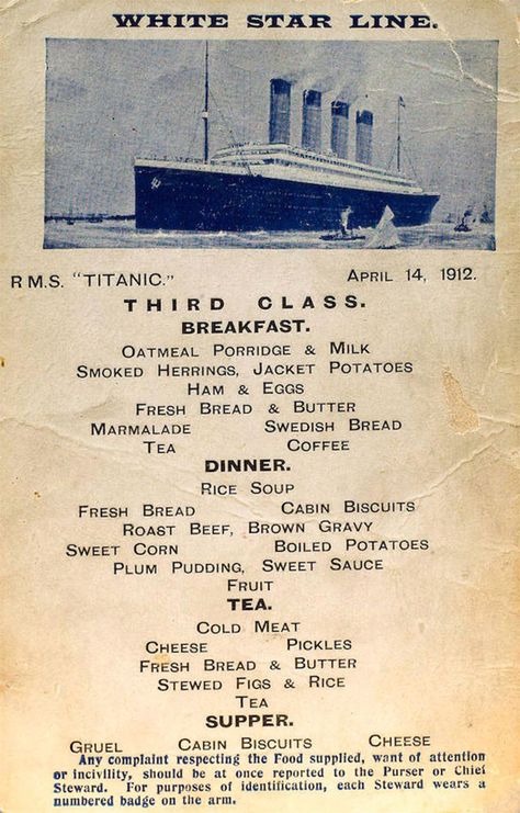 Titanic Food Menus For 1st, 2nd and 3rd Class Passengers Stary Papier, Real Titanic, Titanic Facts, White Star Line, Titanic History, Titanic Ship, Vintage Menu, Rms Titanic, White Star