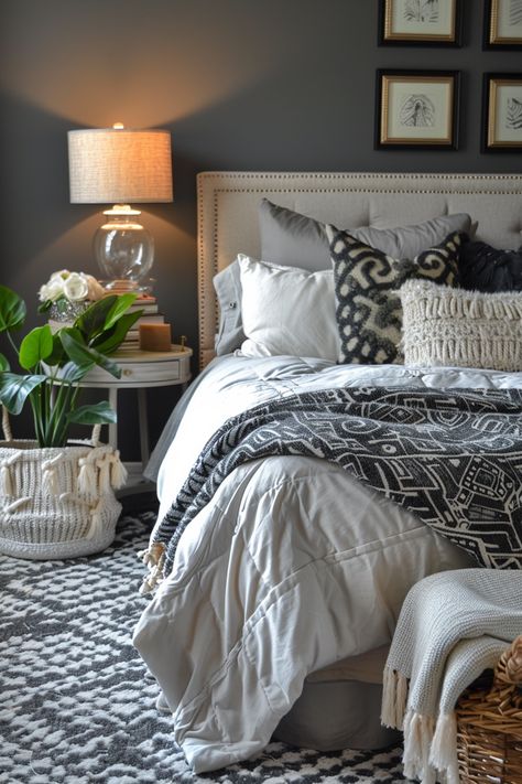 19+ Gorgeous Gray Bedroom Ideas That Will Inspire You – DreamyHomeStyle Dark Grey Walls White Furniture Bedroom, Grey Bedroom Ideas With Pop Of Color, Gray Bed Frame Bedroom Ideas, Grey Headboard Bedroom Ideas, Grey Headboard Bedroom Ideas Decor, Grey Headboard Bedroom, Gray Bedroom Ideas, House Bedroom Ideas, Grey Bed Frame