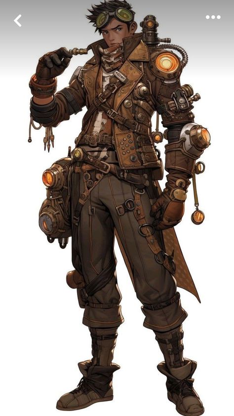 Steampunk Pilot Character Design, Inventor Fantasy Art, Steampunk Alchemist Character Design, Artificer Aesthetic Outfit, Steampunk Engineer Character Design, Steam Punk Concept Art, Armorer Artificer Dnd Infiltrator, Dnd Artillerist Artificer, Ebberon Dnd