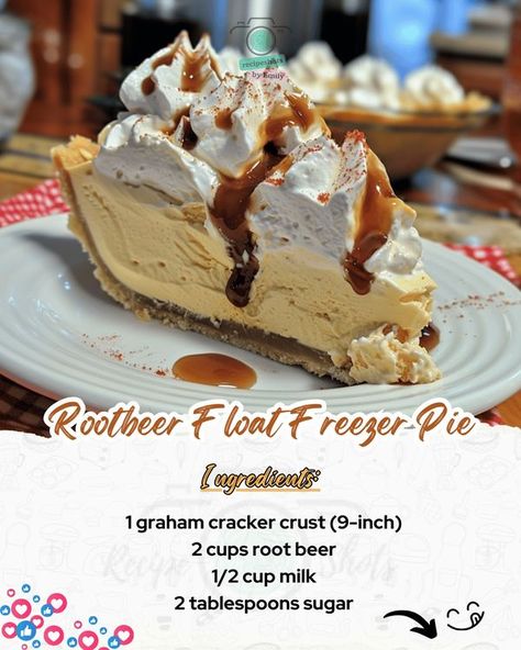 Emily Recipes | Step back in time with a slice of our Frosty Root Beer Float Pie | Facebook Root Beer Pie Recipe, Root Beer Pie, Freezer Pie, Root Beer Float Pie, Beer Dessert, Root Beer Recipe, Beer Float, Root Beer Float, Graham Cracker Crust