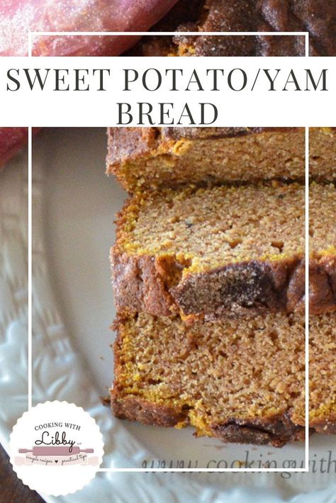 Need a way to use up those leftover candied sweet potatoes from Thanksgiving? Then try this recipe for Easy Sweet Potato/Yam Bread! This bread is not only delicious, but moist upon baking. It’s so yummy that you can’t even tell that you used leftovers to make it! #holidayrecipes #cookingwithlibby #Thanksgivingfood #Thanksgivingrecipes #sweetpotatoes #yams #quickbread #breadrecipes Leftover Candied Yam Recipes, Recipes For Yams In A Can, Recipes Using Yams, Leftover Sweet Potato Casserole Recipes, Leftover Yams Recipes, Recipes With Yams, Yam Bread, Yam Dessert Recipes, Candied Yams Recipe