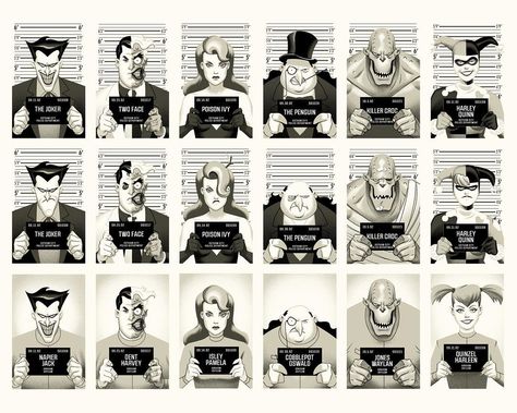 Also on sale today! Uncut villain mugshot sheets! Every Batman:TAS vinyl boxset had a randomly inserted set of 6 mugshots: regular beat up and Arkham Asylum clothing. These were so much fun to create and narrowing down to only 6 villains was difficult. I had some funny ideas for the other villains. On sale today at 1pm eastern at http://ift.tt/1oy84TW #batman #batmantheanimatedseries #phantomcitycreative #mondo #art #poster #joker #twoface #poisonivy #thepenguin #killercroc #harleyquinn by j... Joker Two Face, Joker Gotham, Mondo Posters, Gotham Villains, Killer Croc, Gotham Batman, Mug Shot, Batman The Animated Series, Batman Wallpaper