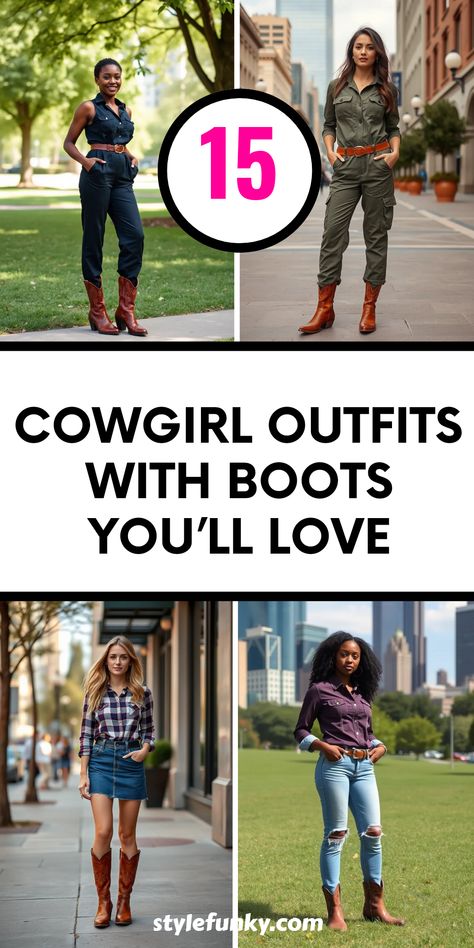 Check out these 15 Cowgirl Outfits with Boots that will take your Western style game to a new level! From a chic jumpsuit with a cinched waist paired with heeled cowboy boots to a stunning denim skirt matched with a plaid shirt and rugged boots, this collection offers something for everyone. Whether you're dressing up for a rodeo or just hanging out with friends, you’re sure to find the perfect look here. Discover how to combine utility jumpsuits and Western-style shirts with your favorite cowboy boots for outfits that radiate personality and flair! Jeans With Cowboy Boots, Heeled Cowboy Boots, Outfits With Boots, Turtleneck Under, Sleek Jumpsuit, Ankle Cowboy Boots, Chic Jumpsuit, Western Style Shirt, Rugged Boots