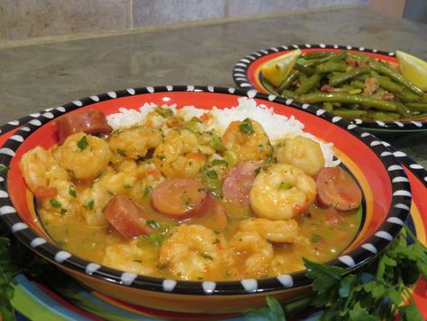 Shrimp and Andouille Etouffee Shrimp And Sausage Etouffee Recipes, Etouffee Recipe, Slow Cooker Green Beans, Shrimp Etouffee, Cajun Sausage, Louisiana Seafood, Shrimp Sausage, Stock Recipes, Cajun Creole Recipes