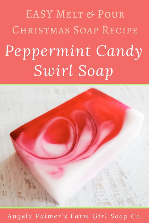 Looking for an impressive-but-easy melt and pour Christmas soap recipe? You can make this entire project in just 30 minutes, and craft beautiful swirled DIY peppermint soap bars perfect for gift giving. You can do this, even if you've never made soap before! Pop on over to my farm blog and give it a try! #farmgirlsoapco #meltandpourchristmassoap #diypeppermintsoaprecipe Candy Cane Soap Recipe, Christmas Melt And Pour Soap Ideas, Peppermint Soap Recipe, Christmas Soap Recipes, Making Soap Without Lye, Christmas Melt And Pour Soap, Melt And Pour Soap Ideas, Melt And Pour Soap Recipes, Christmas Soaps