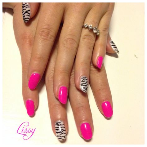 Hot pink cerise nails with accent zebra nails in black and white Hot Pink And Zebra Nails, Cerise Pink Nails, Pink Black And White Nails, White Zebra Nails, Pink Shellac Nails, Nails In Black, Nails With Accent, Pink Zebra Nails, Pink Shellac