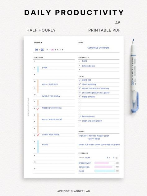 Daily Productivity Planner | A5 | Half Hourly Schedule | Printable Daily Planner Insert | DO1P | Printable Planner by  Darrick Walters Minimalist Planner Ideas, Hourly Schedule Printable, Daily Planner Layout, Daily Productivity Planner, Sb Design, Daily Planner Inserts, Daily Review, Hourly Schedule, Daily Schedule Planner