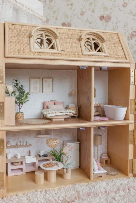 Architecture Doll House, Boho Dolls House, Pastel Dollhouse, Nordic Dollhouse, Open Dollhouse, Maileg Dollhouse Inspiration, Boho Dollhouse, Scandi Dolls House, Rattan Doll House