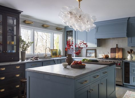 Two Kitchen Islands, Studio Dearborn, Clever Storage Ideas, Blue Kitchen Designs, Traditional Style Kitchen, Kitchen Tour, Timber Table, Corner Storage, Tidy Kitchen