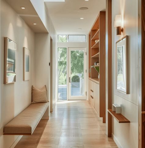 Ceiling Panelling, Mid Century Modern Hallway, Mid Century Hallway, Modern Hallway Design, Modern Remodel, Modern Entrance, Leaving Room, Hallway Designs, Hallway Design