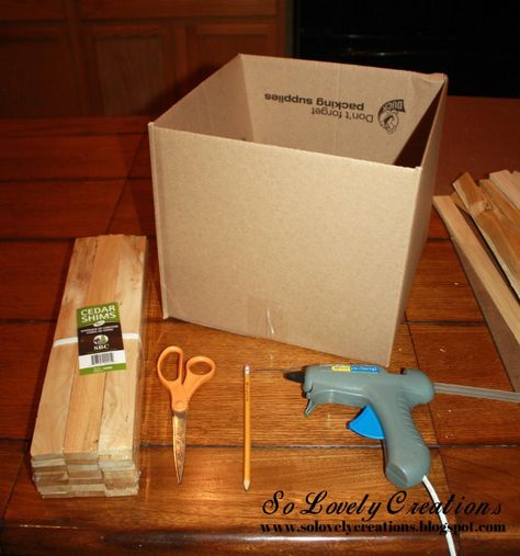 Super easy idea to turn a simple cardboard box into a beautiful wooden box! Materials: Cardboard Box - Cedar Shims - Scissors - Pencil - Glue Gun - Clear Tape (… How To Make Wooden Boxes Easy Diy, Repurpose Crafts, Window Boxes Diy, Diy Boxes, Carton Diy, Homemade Things, Diy Rangement, Create Labels, Diy Storage Boxes