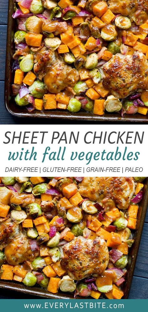 This Sheet Pan Chicken, Brussels Sprouts & Butternut Squash with Balsamic Dijon Sauce is perfect for autumn/winter weeknight dinner. It takes just 30 minutes to make and is such a tasty all in one meal. #paleo #whole30 #dairyfree #grainfree Chicken Thigh Brussel Sprout Sheet Pan, One Pan Fall Chicken Dinner, Sheet Pan Dinners Brussel Sprouts, Whole 30 Harvest Sheet Pan Dinner, Sheet Pan Chicken And Fall Veggies, One Sheet Pan Meals Chicken Brussel Sprouts, Fall Chicken And Veggies, Whole 30 Recipes Brussel Sprouts, Aip One Pan Meals