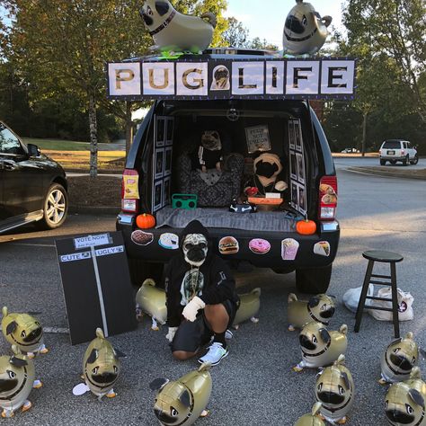 Trunk or Treat - Halloween, Pug life...had our pug on a child recliner, pug balloons, pizza box, etc. my son in front with the pug mask & hoodie. Trunk Or Treat Ideas For Cars With Dogs, Trunk Or Treat With Dogs, Pug Mask, Halloween Pug, Trunk Or Treat Ideas, Pet Cemetery, Pizza Box, Treat Ideas, The Pug