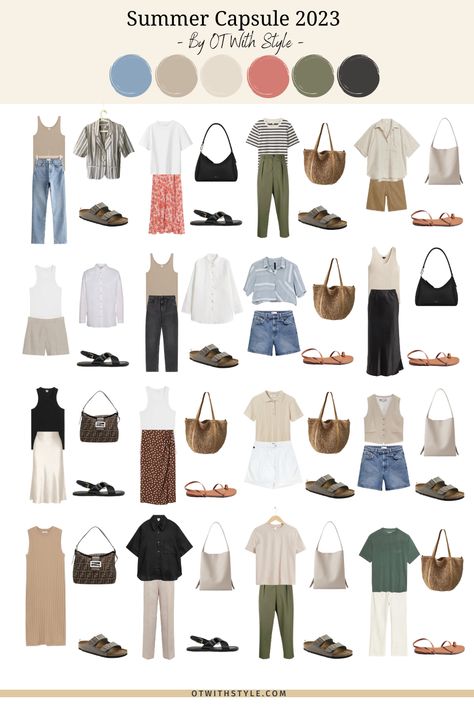 Simple Travel Outfits Summer, Feb Outfits, Summer Essentials Clothes, Summer Holiday Capsule Wardrobe, Edgy Capsule Wardrobe, London Fashion Summer, Summer Office Casual, Capsule Wardrobe For Summer, Minimalist Classic Style