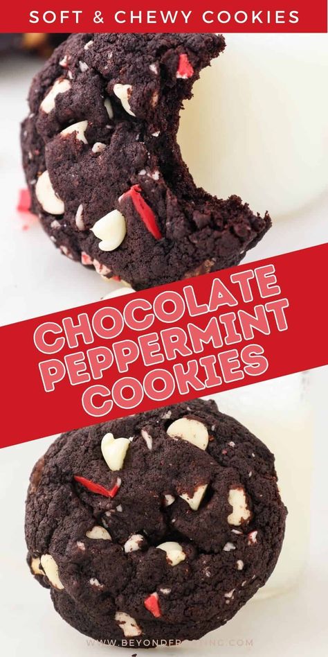 Holiday Double Chocolate Peppermint Cookies are soft dark chocolate cookies with white chocolate chips and Andes peppermint crunch. Peppermint Cookies Recipe, Chocolate Peppermint Cookies Recipe, Peppermint Cookie Recipe, Beyond Frosting, Chocolate Peppermint Cookies, Chewy Chocolate Cookies, Easy Christmas Cookie Recipes, Christmas Baking Recipes, Candy Cane Cookies