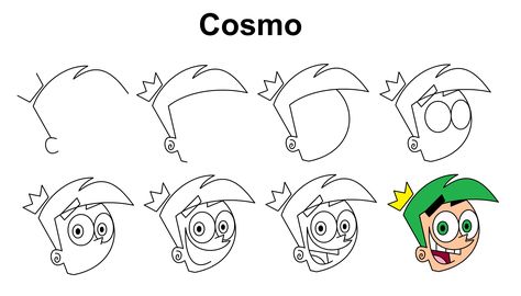 Step-by-step tutorial to draw Cosmo from The Fairly OddParents The Fairly Oddparents Nails, Character Nail Art Step By Step, Cosmo Y Wanda, Easy Cartoon Characters, Disney Drawing Tutorial, Hand Art Kids, Easy Disney Drawings, Timmy Turner, Fairly Oddparents