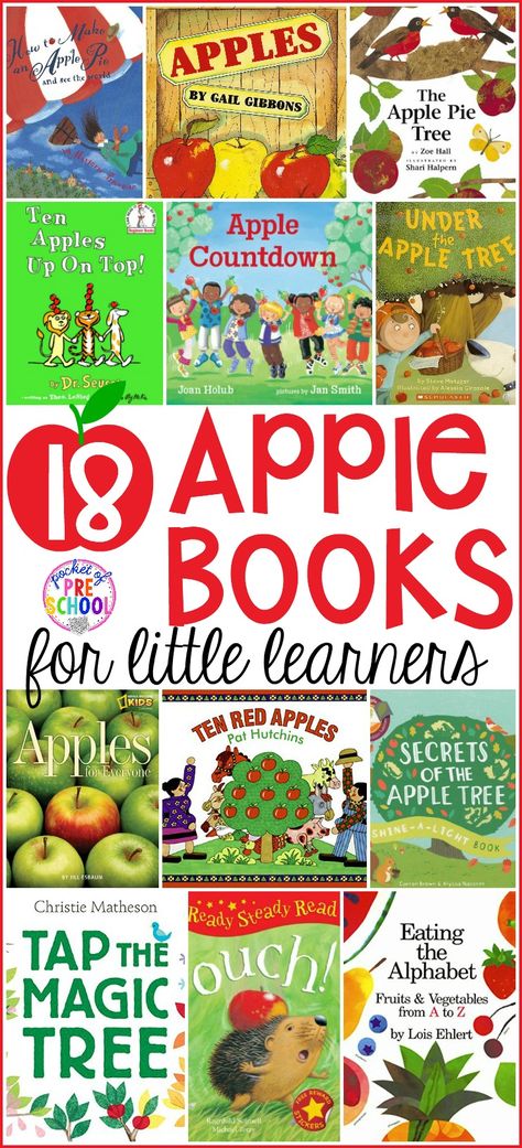 Apple Units For Kindergarten, Apple Theme Books Preschool, Apple Preschool Literacy Activities, Apple Stories For Preschoolers, Apple Story Preschool, Preschool Book Themes, Apple Read Alouds, Apple Books For Kindergarten, Homeschool Apple Unit Study