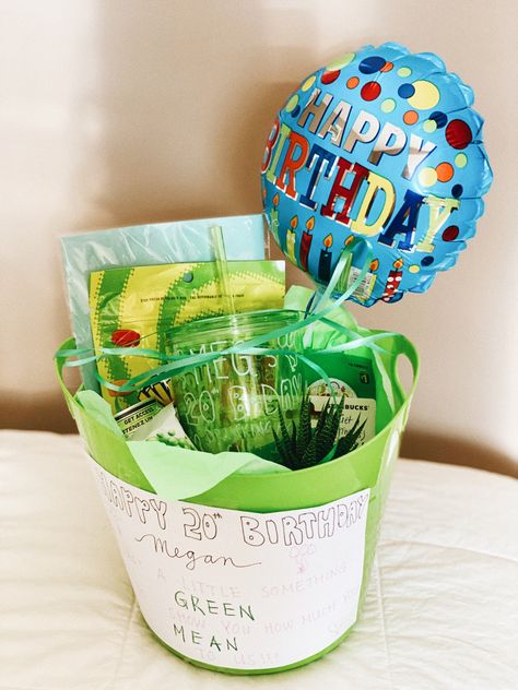 Green Birthday Gift Baskets, Green Birthday Gifts, Green Themed Gift Baskets, Green Gift Basket, Something Green, Birthday Presents For Friends, Green Basket, Green Birthday, Birthday Basket