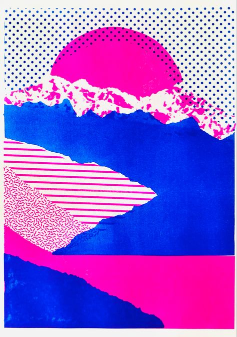 #landscape #risos #risograph #print #fluorescent #pink #blue #mountains #field #sun #sunset #dotwork #stripes #texture #vibrant #colour Risograph Poster Typography, Risograph Landscape, Risograph Graphic Design, Riso Print Graphic Design, Risograph Texture, Outdoor Graphics, Risograph Poster, Riso Printing, Mountain Graphic