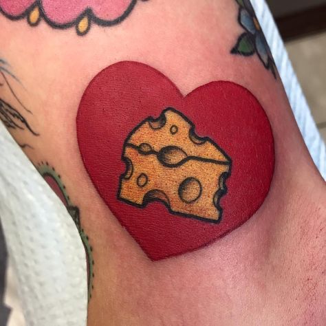 by Alex Strangler in LA. TWUE LUVVV Cheese Tattoo, Alex Strangler, Food Tattoos, Small Tats, Work Tattoo, Queen Tattoo, Heart Tattoo Designs, New School Tattoo, Dope Tattoos