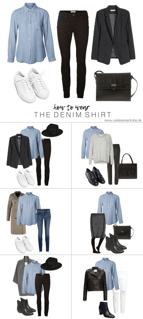 How to wear: the denim shirt. Denim Shirt Outfits, How To Wear Shirt, Denim Shirt Outfit, Look Boho Chic, Looks Jeans, Fashion Capsule Wardrobe, Minimalist Capsule Wardrobe, Clothes And Shoes, Capsule Outfits