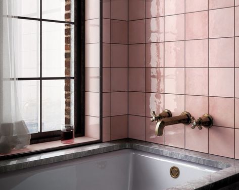 Village Rose Gold Wall Tile Tile Mountain, Bathroom Ideas Pink, White Wall Tiles, Indoor Tile, Shower Floor Tile, Tile Ceramic, Pink Tiles, Bathroom Backsplash, Tile Trim