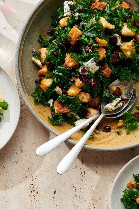 Kale Salad With Cranberries, Pecans and Blue Cheese Recipe - NYT Cooking Hasselback Kielbasa, Cooking Kale, Buttermilk Blue Cheese Dressing, Kielbasa Recipe, Salad With Cranberries, Blue Cheese Recipes, Vinegar Chicken, Garlic Kale, Chopped Kale